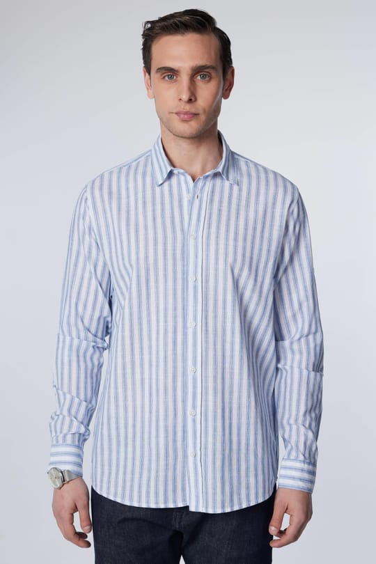 Erkek Regular Fit Rahat Kesim Oversize %100 Pamuk Keten Doku Çizgili Gömlek