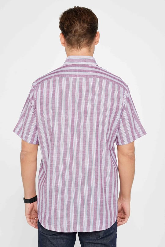 Erkek Regular Fit Rahat Kesim Oversize %100 Pamuk Keten Doku Çizgili Düğmeli Yaka Gömlek