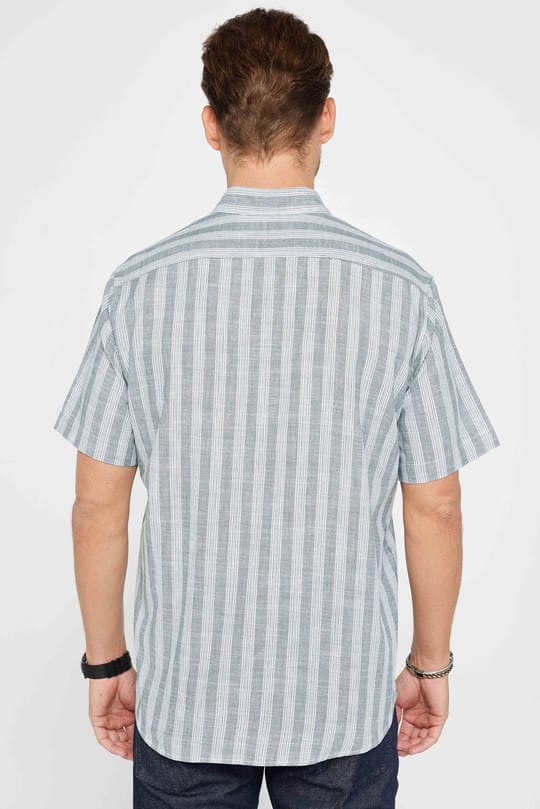Erkek Regular Fit Rahat Kesim Oversize %100 Pamuk Keten Doku Çizgili Düğmeli Yaka Gömlek