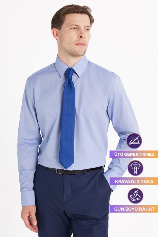 Regular Fit Saks Mavi Non-Iron %100 Pamuk Doğa Dostu Ekoteks Belgeli  Gömlek