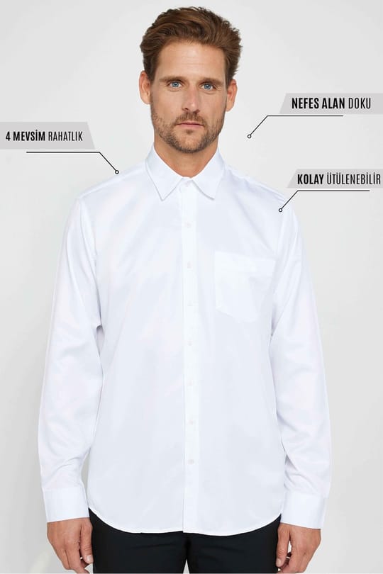 Erkek Regular Fit Klasik Kesim Kolay Ütü Nefes Alan Doku Kravatlık Dört Mevsim Beyaz Gömlek