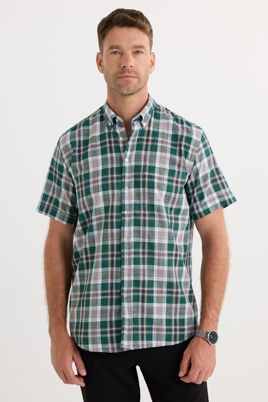 Erkek Regular Fit Klasik Kesim Oversize %100 Pamuk Keten Doku Cepli Kareli Kısa Kollu Düğmeli Yaka Gömlek