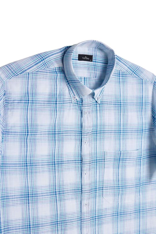 Erkek Regular Fit Klasik Kesim Oversize %100 Pamuk Keten Doku Cepli Kareli Kısa Kollu Düğmeli Yaka Gömlek