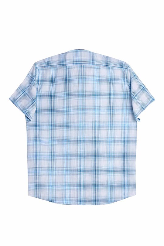 Erkek Regular Fit Klasik Kesim Oversize %100 Pamuk Keten Doku Cepli Kareli Kısa Kollu Düğmeli Yaka Gömlek