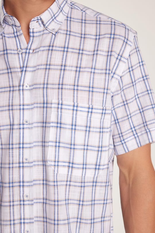 Erkek Regular Fit Klasik Kesim Oversize %100 Pamuk Keten Doku Cepli Kareli Kısa Kollu Düğmeli Yaka Gömlek