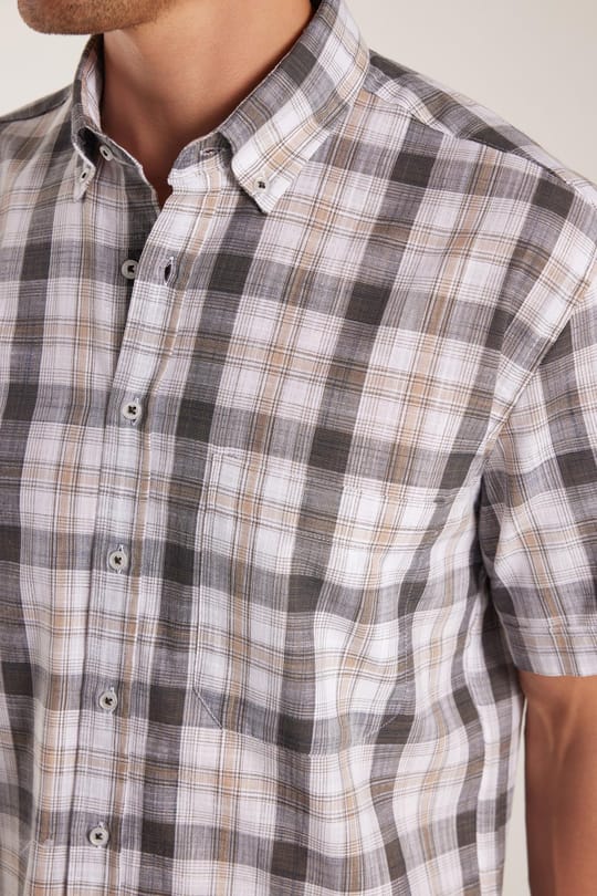 Erkek Regular Fit Klasik Kesim Oversize %100 Pamuk Keten Doku Cepli Kareli Kısa Kollu Düğmeli Yaka Gömlek