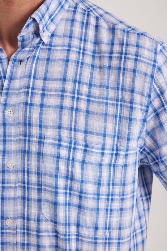 Erkek Regular Fit Klasik Kesim Oversize %100 Pamuk Keten Doku Cepli Kareli Kısa Kollu Düğmeli Yaka Gömlek