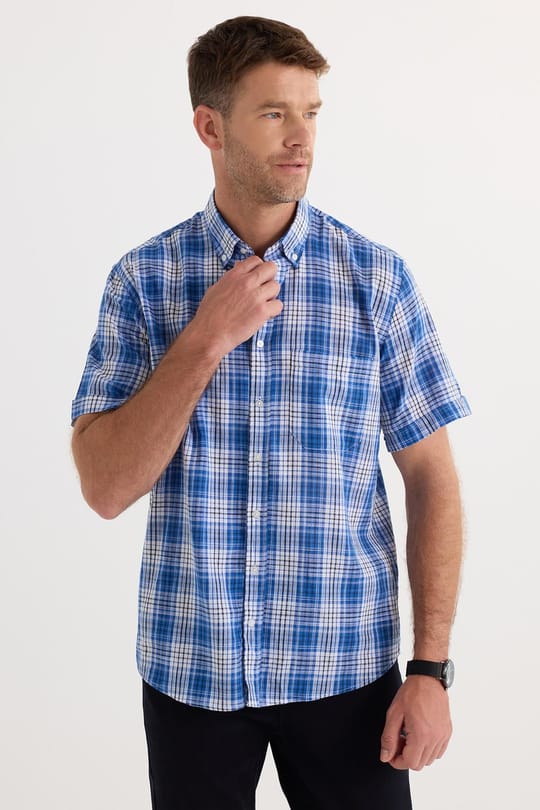 Erkek Regular Fit Klasik Kesim Oversize %100 Pamuk Keten Doku Cepli Kareli Kısa Kollu Düğmeli Yaka Gömlek