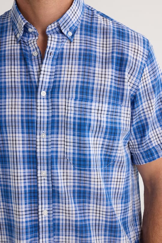 Erkek Regular Fit Klasik Kesim Oversize %100 Pamuk Keten Doku Cepli Kareli Kısa Kollu Düğmeli Yaka Gömlek
