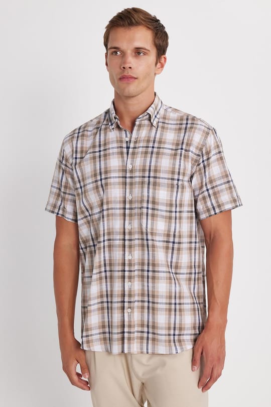 Erkek Regular Fit Klasik Kesim Oversize %100 Pamuk Keten Doku Cepli Kareli Kısa Kollu Düğmeli Yaka Gömlek