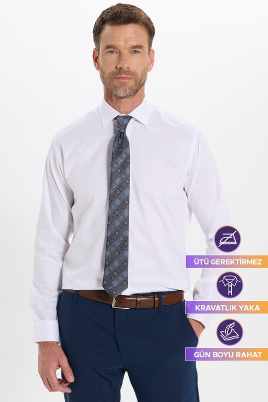Erkek Regular Fit Rahat Kesim Beyaz Non-Iron Pamuklu  Gömlek