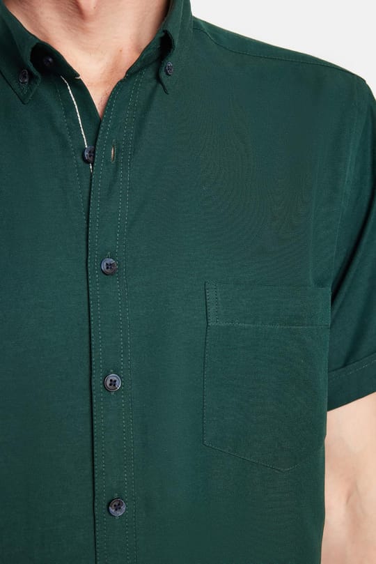 Erkek Klasik Regular Fit Rahat Kesim Düğmeli Spor Yaka Oxford Pamuklu Kısa Kol Yeşil Gömlek