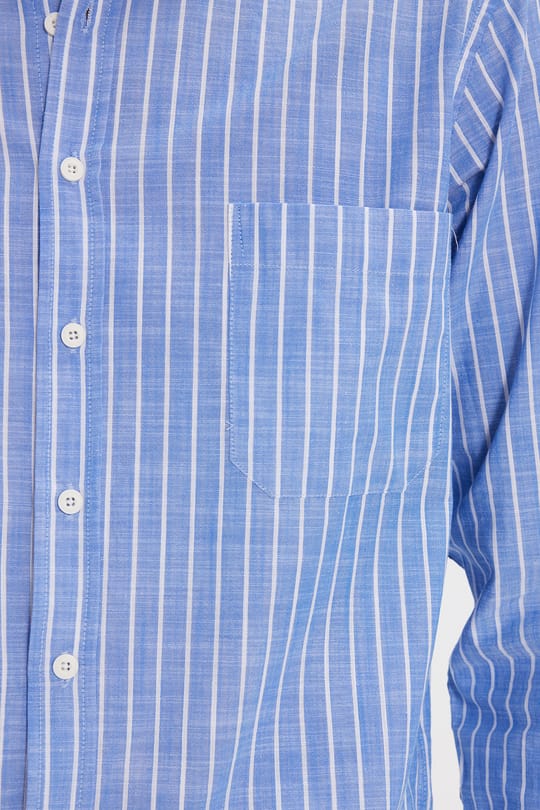 Erkek Regular Fit Klasik Kesim Oversize Uzun Kollu %100 Pamuk Keten Doku Tek Cepli Mavi Çizgili Gömlek