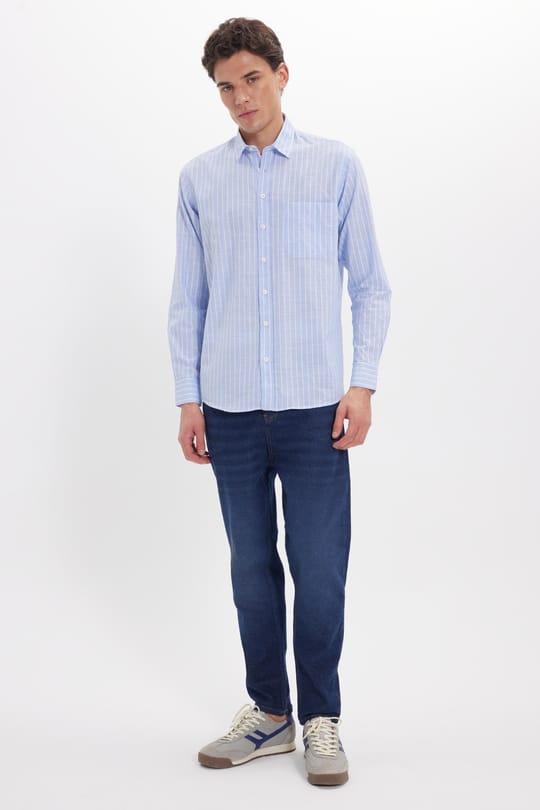 Erkek Regular Fit Klasik Kesim Oversize Uzun Kollu %100 Pamuk Keten Doku Tek Cepli Mavi Çizgili Gömlek