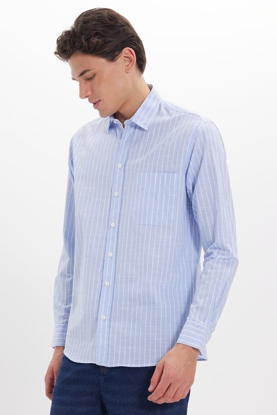 Erkek Regular Fit Klasik Kesim Oversize Uzun Kollu %100 Pamuk Keten Doku Tek Cepli Mavi Çizgili Gömlek