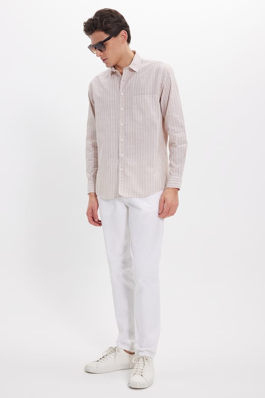 Erkek Regular Fit Klasik Kesim Oversize Uzun Kollu %100 Pamuk Keten Doku Tek Cepli Bej Çizgili Gömlek