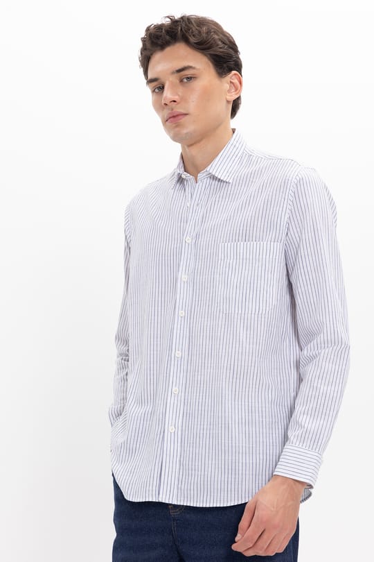 Erkek Regular Fit Klasik Kesim Oversize Uzun Kollu %100 Pamuk Keten Doku Tek Cepli Lacivert Çizgili Gömlek