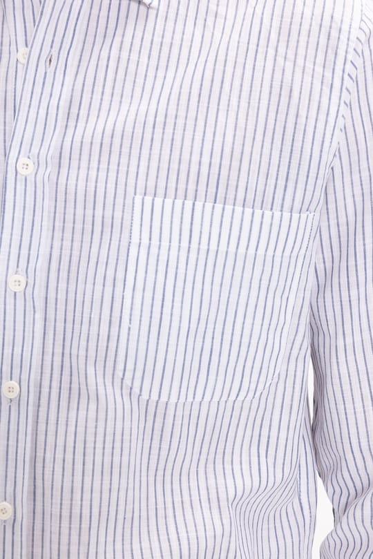 Erkek Regular Fit Klasik Kesim Oversize Uzun Kollu %100 Pamuk Keten Doku Tek Cepli Lacivert Çizgili Gömlek