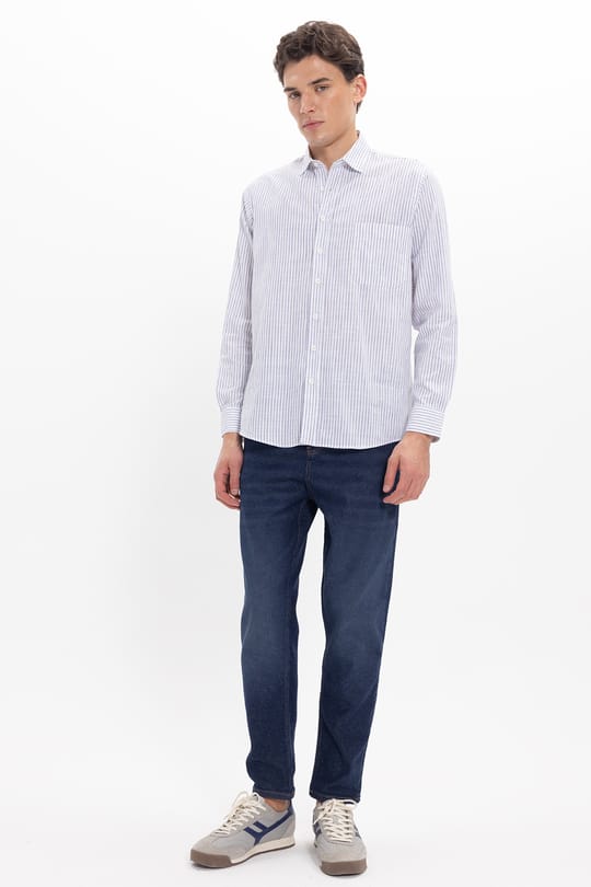 Erkek Regular Fit Klasik Kesim Oversize Uzun Kollu %100 Pamuk Keten Doku Tek Cepli Lacivert Çizgili Gömlek