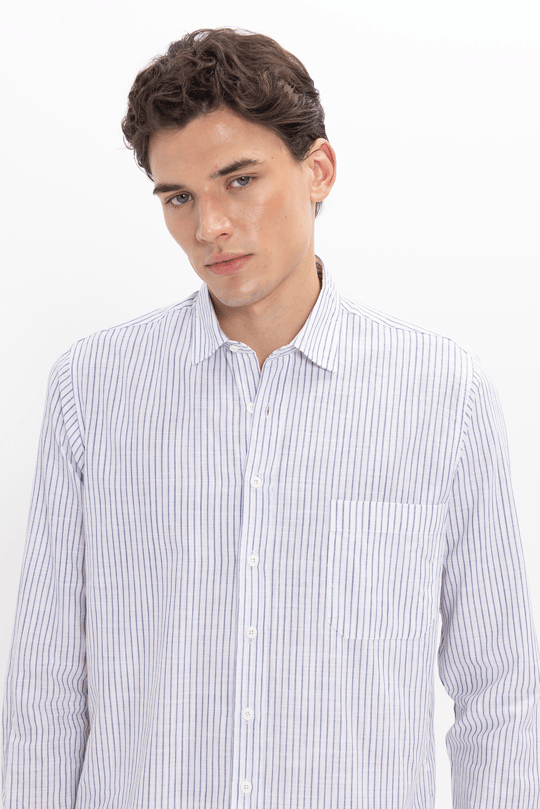 Erkek Regular Fit Klasik Kesim Oversize Uzun Kollu %100 Pamuk Keten Doku Tek Cepli Lacivert Çizgili Gömlek