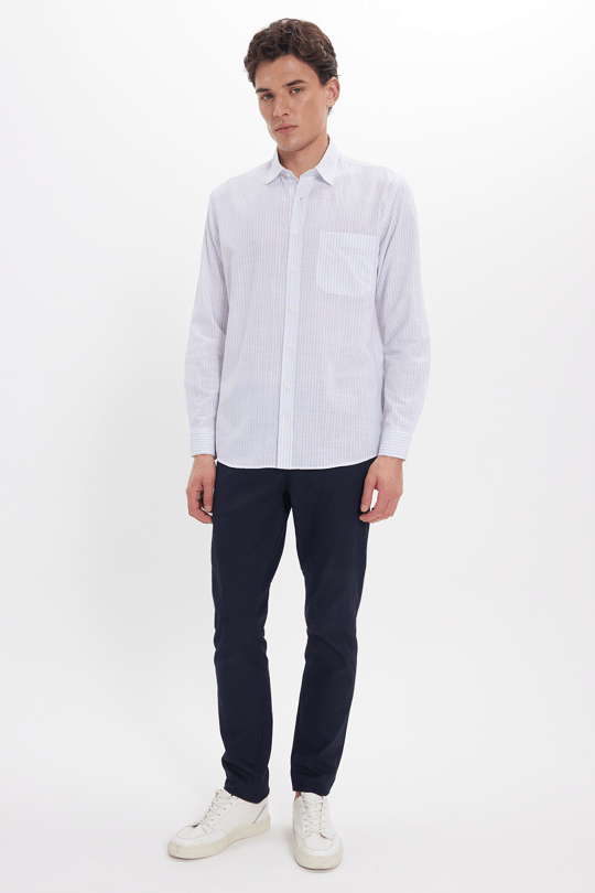Erkek Regular Fit Klasik Kesim Oversize Uzun Kollu %100 Pamuk Keten Doku Tek Cepli Çizgili Mavi Gömlek