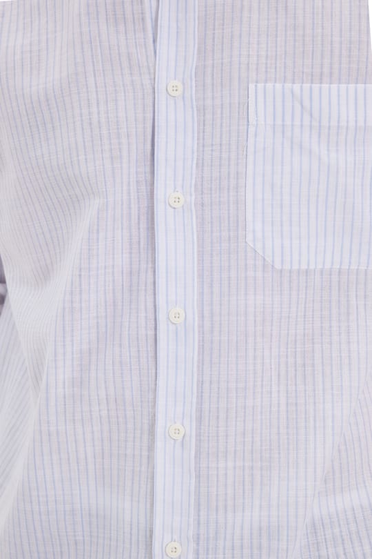 Erkek Regular Fit Klasik Kesim Oversize Uzun Kollu %100 Pamuk Keten Doku Tek Cepli Çizgili Mavi Gömlek