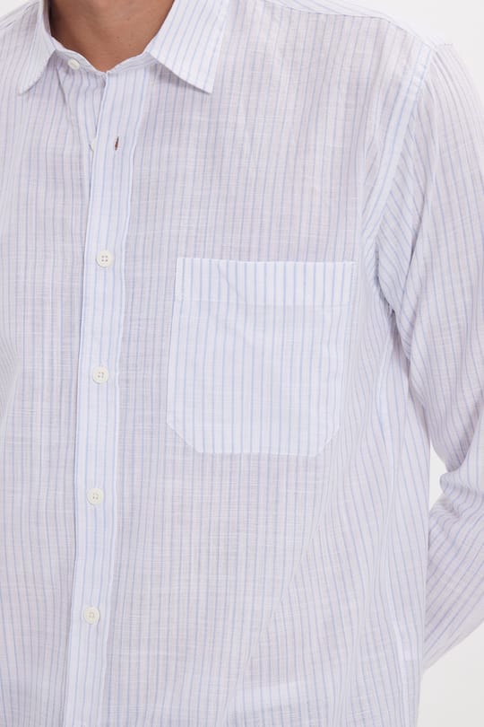 Erkek Regular Fit Klasik Kesim Oversize Uzun Kollu %100 Pamuk Keten Doku Tek Cepli Çizgili Mavi Gömlek