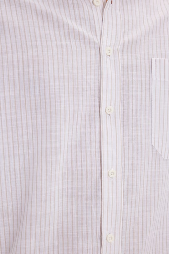 Erkek Regular Fit Klasik Kesim Oversize Uzun Kollu %100 Pamuk Keten Doku Tek Cepli Çizgili Bej Gömlek