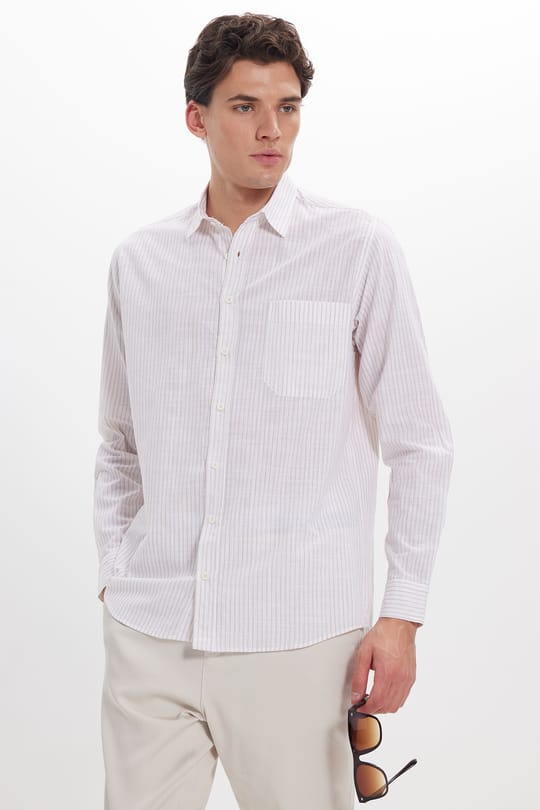 Erkek Regular Fit Klasik Kesim Oversize Uzun Kollu %100 Pamuk Keten Doku Tek Cepli Çizgili Bej Gömlek