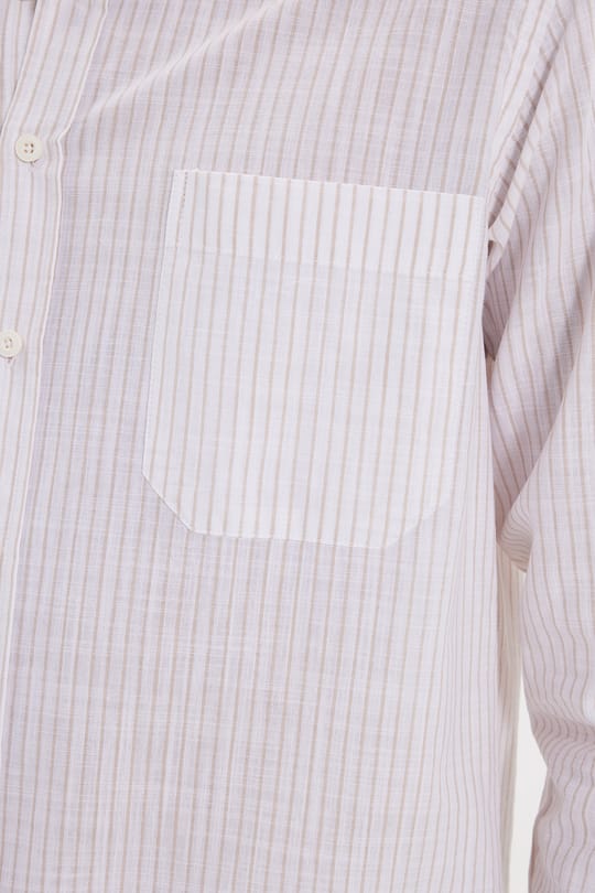 Erkek Regular Fit Klasik Kesim Oversize Uzun Kollu %100 Pamuk Keten Doku Tek Cepli Çizgili Bej Gömlek