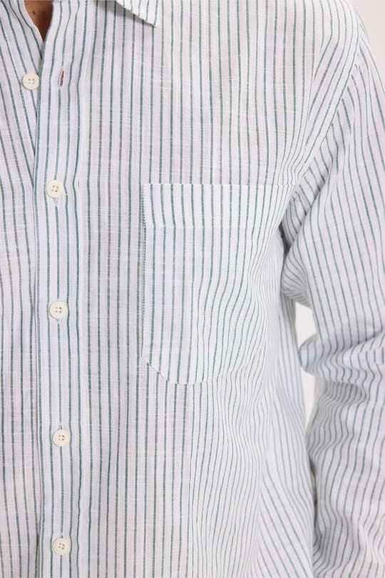 Erkek Regular Fit Klasik Kesim Oversize Uzun Kollu %100 Pamuk Keten Doku Tek Cepli Çizgili Yeşil Gömlek