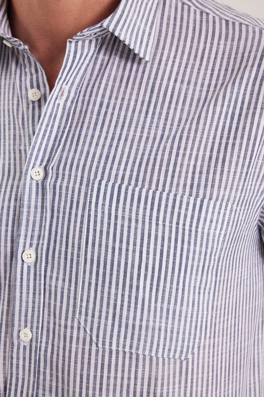Erkek Regular Fit Klasik Kesim Oversize Uzun Kollu %100 Pamuk Keten Doku Tek Cepli Füme Çizgili Gömlek