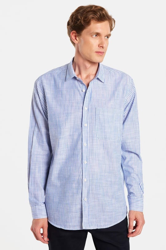 Erkek Regular Fit Klasik Kesim Oversize Uzun Kollu %100 Pamuk Keten Doku Tek Cepli Çizgili Yeşil Gömlek