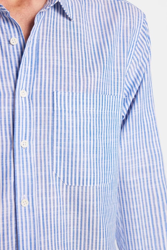 Erkek Regular Fit Klasik Kesim Oversize Uzun Kollu %100 Pamuk Keten Doku Tek Cepli Çizgili Yeşil Gömlek