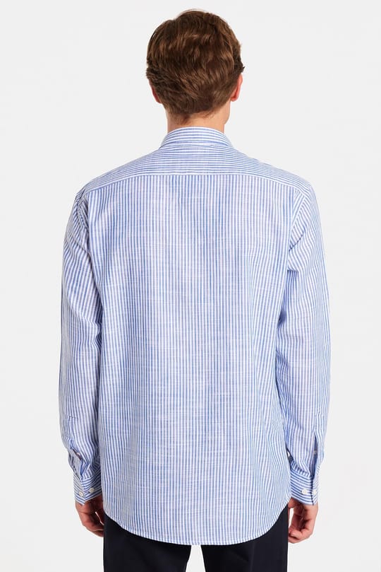 Erkek Regular Fit Klasik Kesim Oversize Uzun Kollu %100 Pamuk Keten Doku Tek Cepli Çizgili Yeşil Gömlek