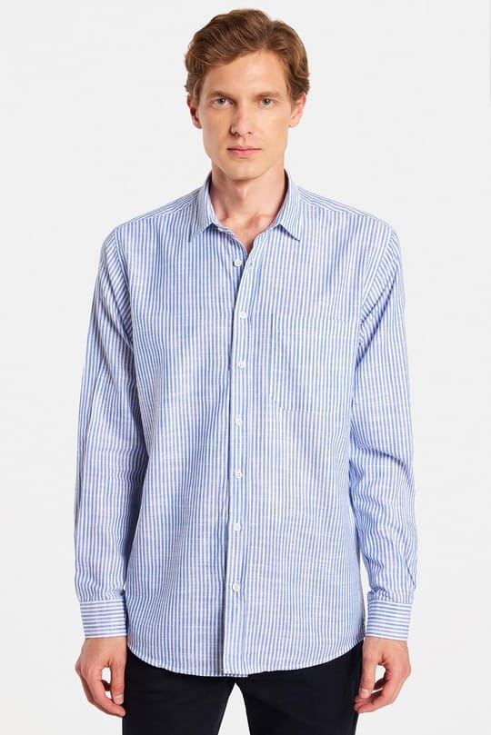 Erkek Regular Fit Klasik Kesim Oversize Uzun Kollu %100 Pamuk Keten Doku Tek Cepli Çizgili Yeşil Gömlek
