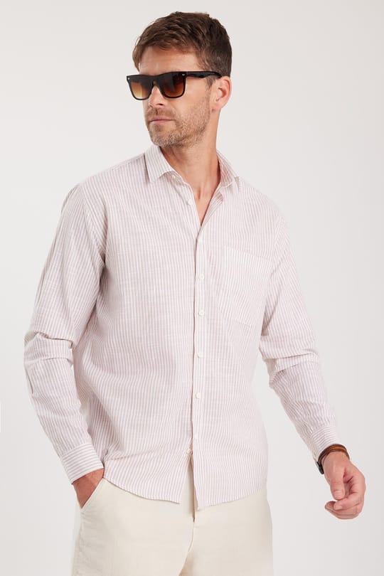 Erkek Regular Fit Klasik Kesim Oversize Uzun Kollu %100 Pamuk Keten Doku Tek Cepli Bej Çizgili Gömlek