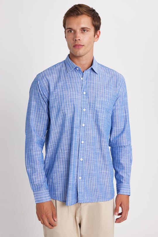 Erkek Regular Fit Klasik Kesim Oversize Uzun Kollu %100 Pamuk Keten Doku Tek Cepli Lacivert Çizgili Gömlek