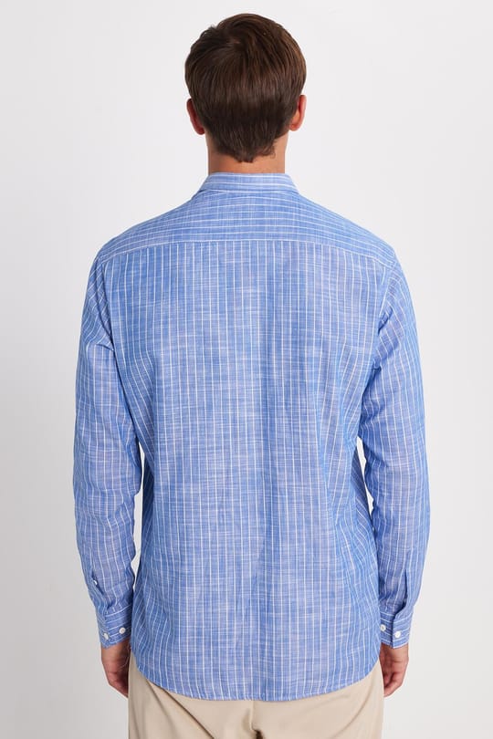 Erkek Regular Fit Klasik Kesim Oversize Uzun Kollu %100 Pamuk Keten Doku Tek Cepli Lacivert Çizgili Gömlek
