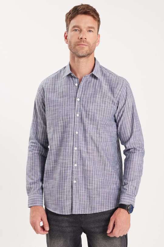 Erkek Regular Fit Klasik Kesim Oversize Uzun Kollu %100 Pamuk Keten Doku Tek Cepli Füme Çizgili Gömlek