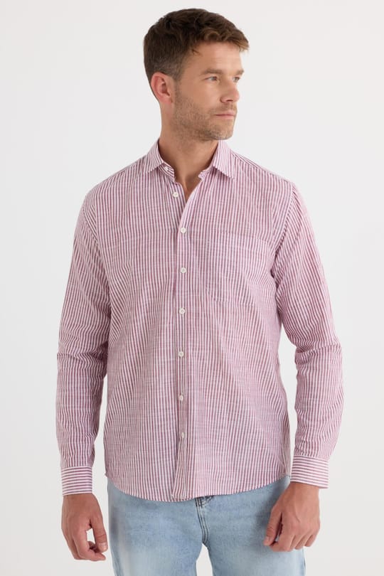 Erkek Regular Fit Klasik Kesim Oversize Uzun Kollu %100 Pamuk Keten Doku Tek Cepli Bordo Çizgili Gömlek