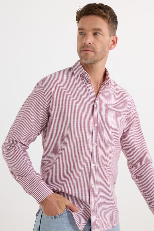 Erkek Regular Fit Klasik Kesim Oversize Uzun Kollu %100 Pamuk Keten Doku Tek Cepli Bordo Çizgili Gömlek