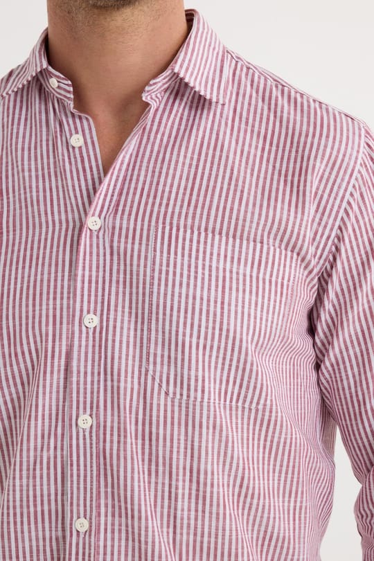 Erkek Regular Fit Klasik Kesim Oversize Uzun Kollu %100 Pamuk Keten Doku Tek Cepli Bordo Çizgili Gömlek