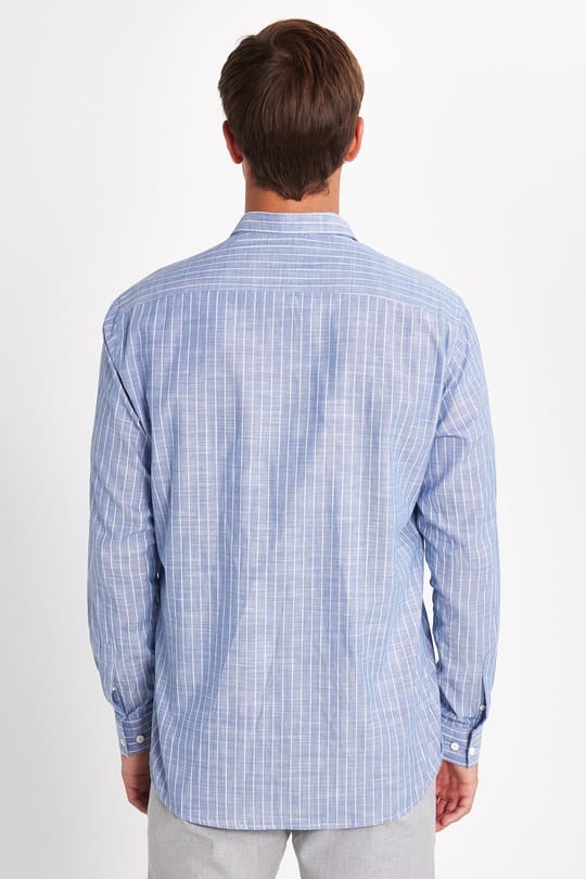 Erkek Regular Fit Klasik Kesim Oversize Uzun Kollu %100 Pamuk Keten Doku Tek Cepli Çizgili Mavi Gömlek
