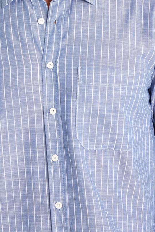 Erkek Regular Fit Klasik Kesim Oversize Uzun Kollu %100 Pamuk Keten Doku Tek Cepli Çizgili Mavi Gömlek