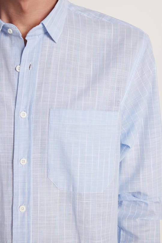 Erkek Regular Fit Klasik Kesim Oversize Uzun Kollu %100 Pamuk Keten Doku Tek Cepli Çizgili Mavi Gömlek