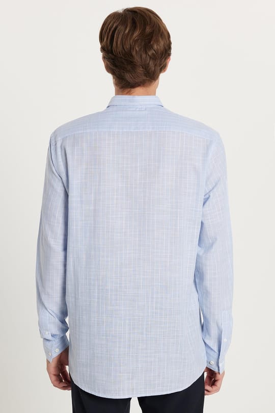 Erkek Regular Fit Klasik Kesim Oversize Uzun Kollu %100 Pamuk Keten Doku Tek Cepli Çizgili Mavi Gömlek