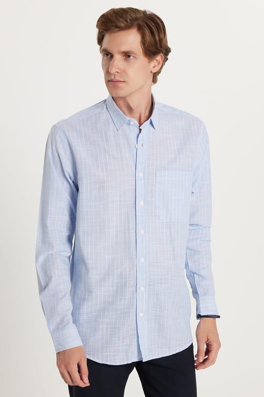 Erkek Regular Fit Klasik Kesim Oversize Uzun Kollu %100 Pamuk Keten Doku Tek Cepli Çizgili Mavi Gömlek