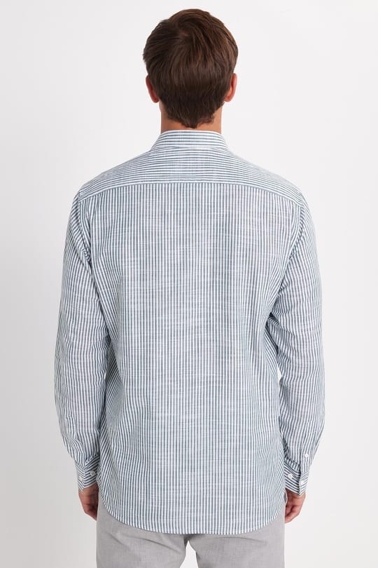 Erkek Regular Fit Klasik Kesim Oversize Uzun Kollu %100 Pamuk Keten Doku Tek Cepli Yeşil Çizgili Gömlek