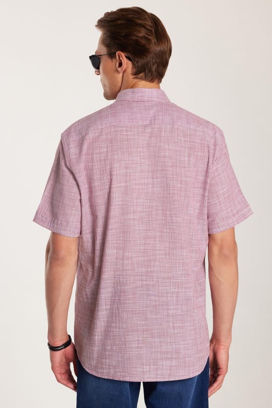 Erkek Regular Fit Klasik Kesim Oversize %100 Pamuk Kısa Kollu Keten Doku Tek Cepli Çizgili Bordo Gömlek